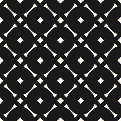 Vector geometric seamless pattern with floral shapes, round grid, diamonds, net, mesh, lattice. Simple abstract black and white background. Monochrome ornament texture. Repeat decorative geo design