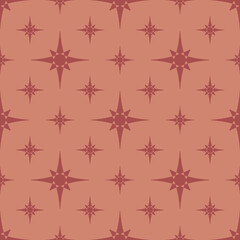 Vector geometric texture with big and small stars, diamonds, floral silhouettes. Abstract seamless pattern. Simple minimal background. Maroon and orange color. Luxury repeat design for decor, fabric