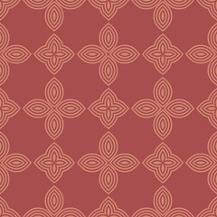 Vector geometric floral seamless pattern. Elegant minimal ornament. Simple abstract background with small flower shapes, petals, leaves, repeat tiles. Orange and maroon color texture. Vintage design