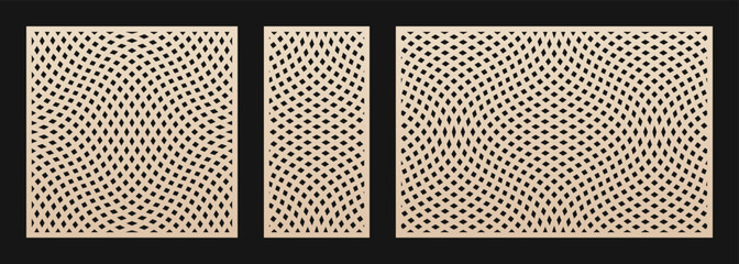 Laser cut panel set. Vector template with abstract geometric pattern, wavy lines, distorted grid, mesh. Optical illusion effect. Decorative stencil for laser cutting. Aspect ratio 1:1, 1:2, 3:2