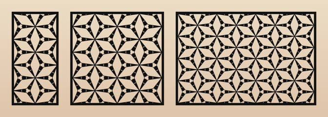 Laser cut pattern collection. Vector design with elegant geometric ornament, abstract floral grid, hexagonal mesh. Template for cnc cutting, panels of wood, metal, plastic. Aspect ratio 1:2, 1:1, 3:2