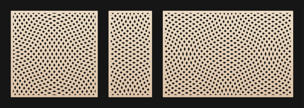 Laser cut panel set. Vector template with abstract geometric pattern, wavy lines, distorted grid, mesh. Optical illusion effect. Decorative stencil for laser cutting. Aspect ratio 1:1, 1:2, 3:2