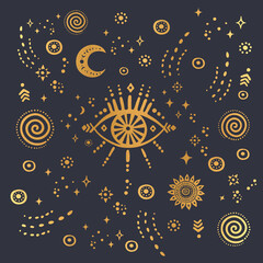 Boho hand drawn esoteric icons with eye, sun, moon and stars. Hand draw design.