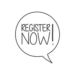 register now on speech bubble