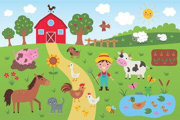 Obraz na płótnie Canvas Farm scene with farmer and animals