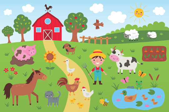 Farm scene with farmer and animals