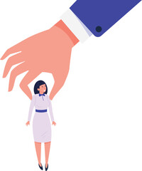 Giant hand holding female figure. Woman miniature