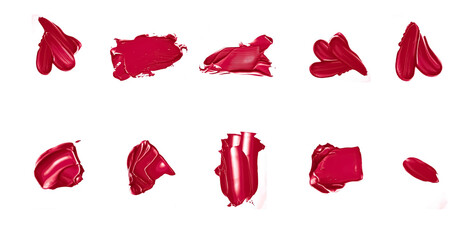 Red beauty swatches, skincare and makeup cosmetic product sample texture isolated on white background, make-up smudge, cream cosmetics smear or paint brush stroke closeup