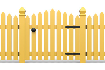 Wooden picket fence on white background that separates the objects