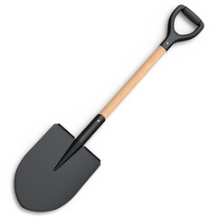 Garden shovel with wooden handle on white background, summer camping concept