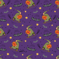 Witches flying on a broomstick. Seamless pattern with witches and bats for Halloween.