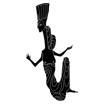 recommend clip art: Fantastic character. Seated ancient Egyptian woman or goddess wearing royal tiara. Queen Nefertiti. Black and white negative silhouette.