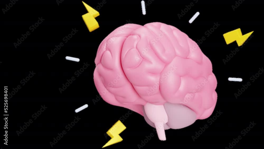 Poster Brainstorming. The brain strains, lightning and rays. Finding a creative idea, solving a problem, having an epiphany. Isolated 3d animation on a transparent background