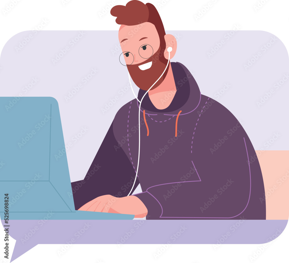 Poster man working on laptop in message frame. freelancer character