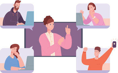 Team video call. Screen with people in chat windows