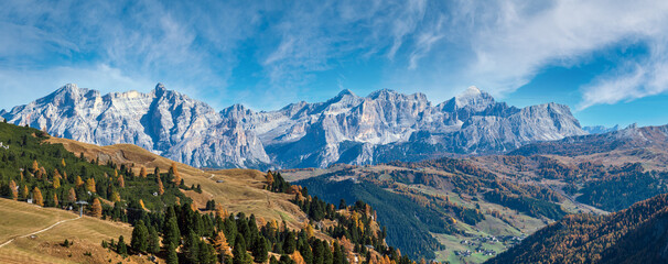 Autumn alpine Dolomites rocky  mountain scene, Sudtirol, Italy. Peaceful view near Gardena Pass.