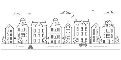Fototapeta na wymiar Simple panorama of european town landscape with old buildings. Coloring page. Black and white vector illustration in outline flat style