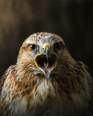 Stunning portrait of a Common Buzzard screaming, beautiful buzzard close-up, Buteo Buteo, open beak, bird of prey, moody lighting
