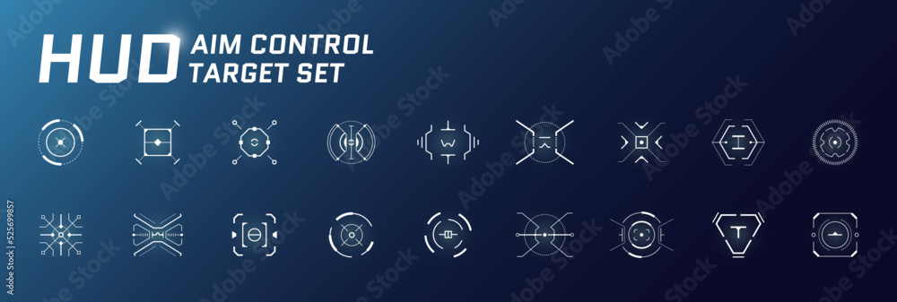Poster hud aim control target system set. gui and fui interface. futuristic military optical aiming collect
