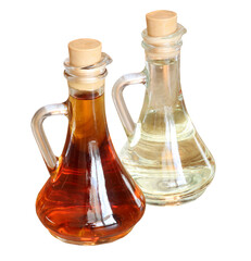 Bottles with vegetable oil (olive, sunflower or linseed) isolated on white background.