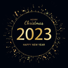Happy 2023 New Year. Elegant Christmas congratulation with 3D realistic gold metal text. Vector