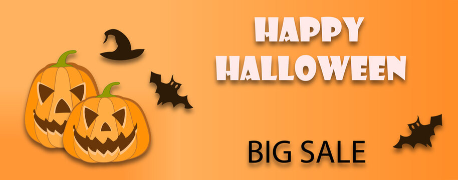 Halloween Sale Promotion Poster with Halloween candy and Halloween Ghost Balloons on Orange background.Scary air balloons.Website spooky or banner template. image illustration