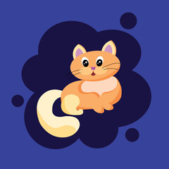 Funny animals flat design print. Cute red cat on a blue background. Vector illustration in a flat style.