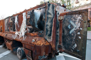 destroyed russian military equipment during war against ukraine. burned down