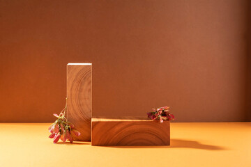Modern abstract podium made of wooden figures brown background, hard light shadows copy space mockup