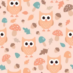 Meubelstickers Autumn background. Seamless pattern with owls, mushrooms, acorns and leaves. Cute childish texture. Vector illustration. © Evalinda