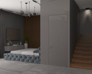 3d illustration. Stylish loft-style bedroom in a country house, marble floor and walls, plaster, wooden wall panels, concrete TV cabinet, panoramic windows, track lights, hanging lamp. 3d render.