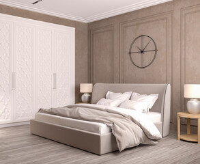 3d illustration. Stylish bedroom in light pastel colors, moldings on the wall, built-in white wardrobe. 3d render