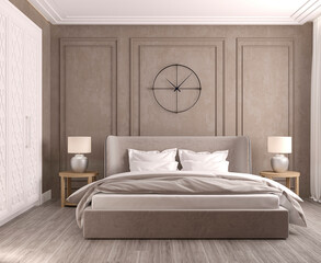 3d illustration. Stylish bedroom in light pastel colors, moldings on the wall, built-in white wardrobe. 3d render