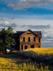 Obraz premium Fence leading to an abandoned homestead on a farm on Tygh Ridge, neasr Tygh Valley, Oregon, dufur,