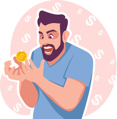 The man is happy with the money in his hands. The young man is happy with the influx of wealth. The concept of unexpected enrichment, of inheriting a large sum of money. Stock vector illustration