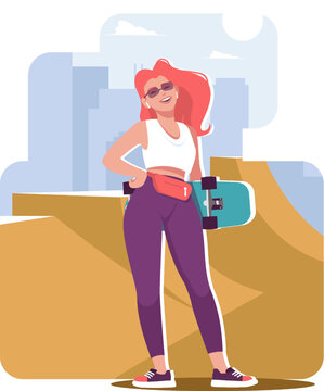 A girl skateboarding in a skate park. Teenage girl skateboarding, streetboarding. The concept of an active lifestyle in the open air, doing sports, active sports. Stock vector illustration 
