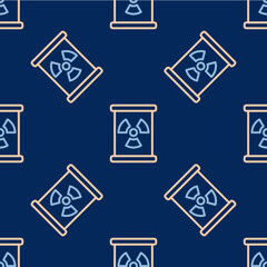 Line Radioactive waste in barrel icon isolated seamless pattern on blue background. Toxic refuse keg. Radioactive garbage emissions, environmental pollution. Vector