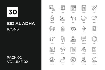 Eid Al adha icons collection. Set contains such Icons as adha, alquran, cow, eid, eid al-adha, eid mubarak, more 