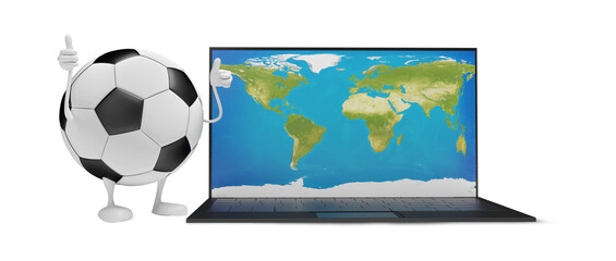 soccer ball cartoon character thumbs up and computer notebook with world map on screen, 3d-illustration, elements of this image furnished by NASA