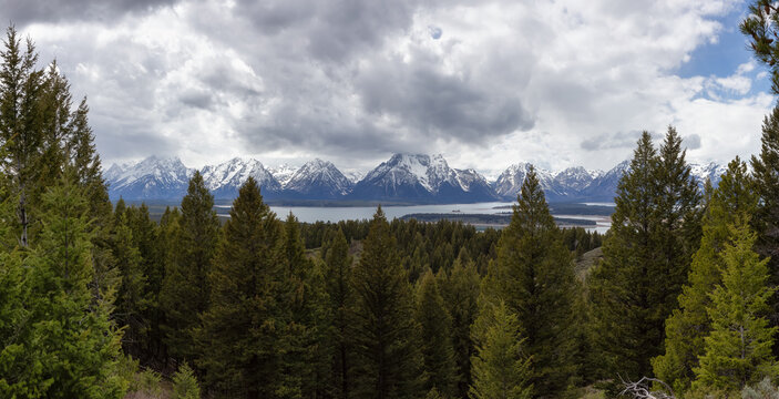 Trees, Land and Mountains in American Landscape. Spring Season. Grand Teton National Park. Wyoming, United States. Nature Background Panorama © edb3_16