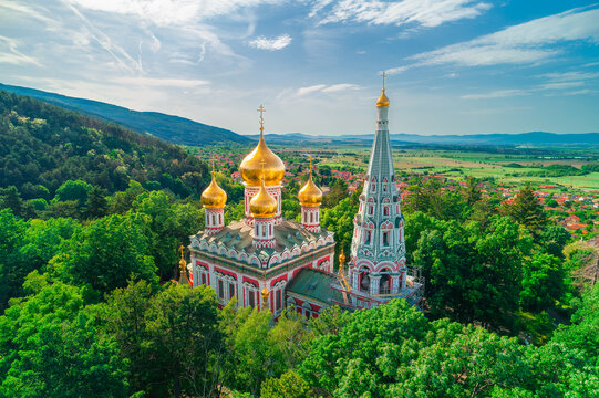Shipka Memorial Russian Church, town of Shipka, Bulgaria, aerial drone view