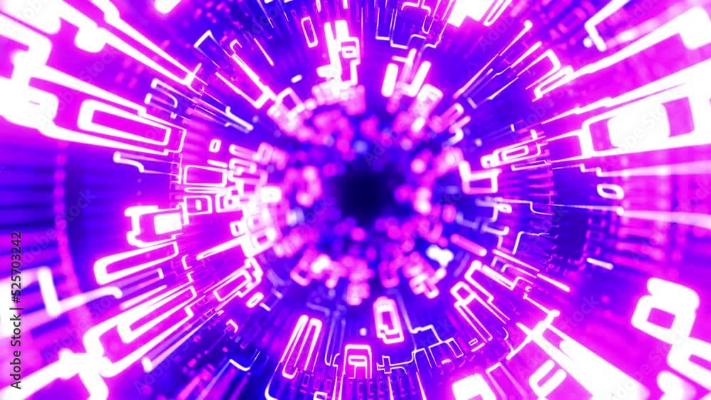 Poster flight through hi-tech technology concentric tunnel with camera shake. neon light, sci-fi constructi