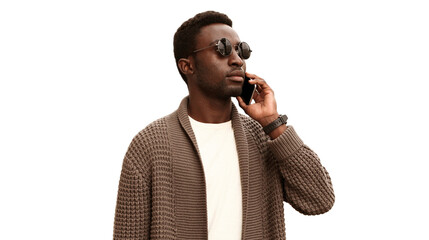 Portrait of handsome young african man calling on smartphone isolated on white background