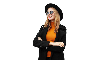 Portrait of stylish happy smiling young woman, female model posing wearing black coat, round hat...