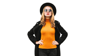 Portrait of stylish young blonde woman model wearing black coat, round hat isolated on white background