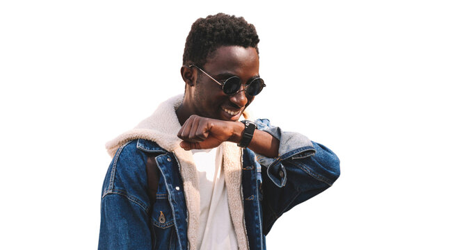 Portrait of happy smiling african man with smartwatch using voice command recorder or takes calling isolated on white background