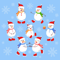 Set of cute snowmen on a blue background with white snowflakes.