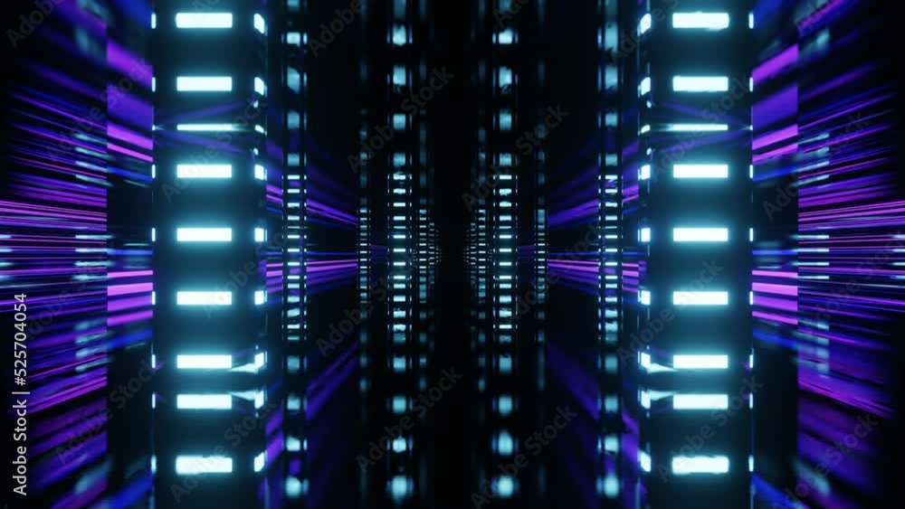 Poster fly through mirror designs form tunnel technology cyberspace with neon glow. sci-fi flight through d