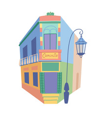 Caminito la Boca, a bright multicolored house in an alley located in Buenos Aires, Argentina. Vector image in flat style, isolated background.