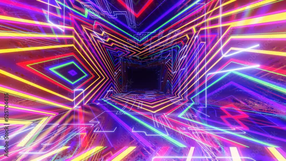 Poster fly through technology cyberspace with neon glow. sci-fi flight through hi-tech technology tunnel. g